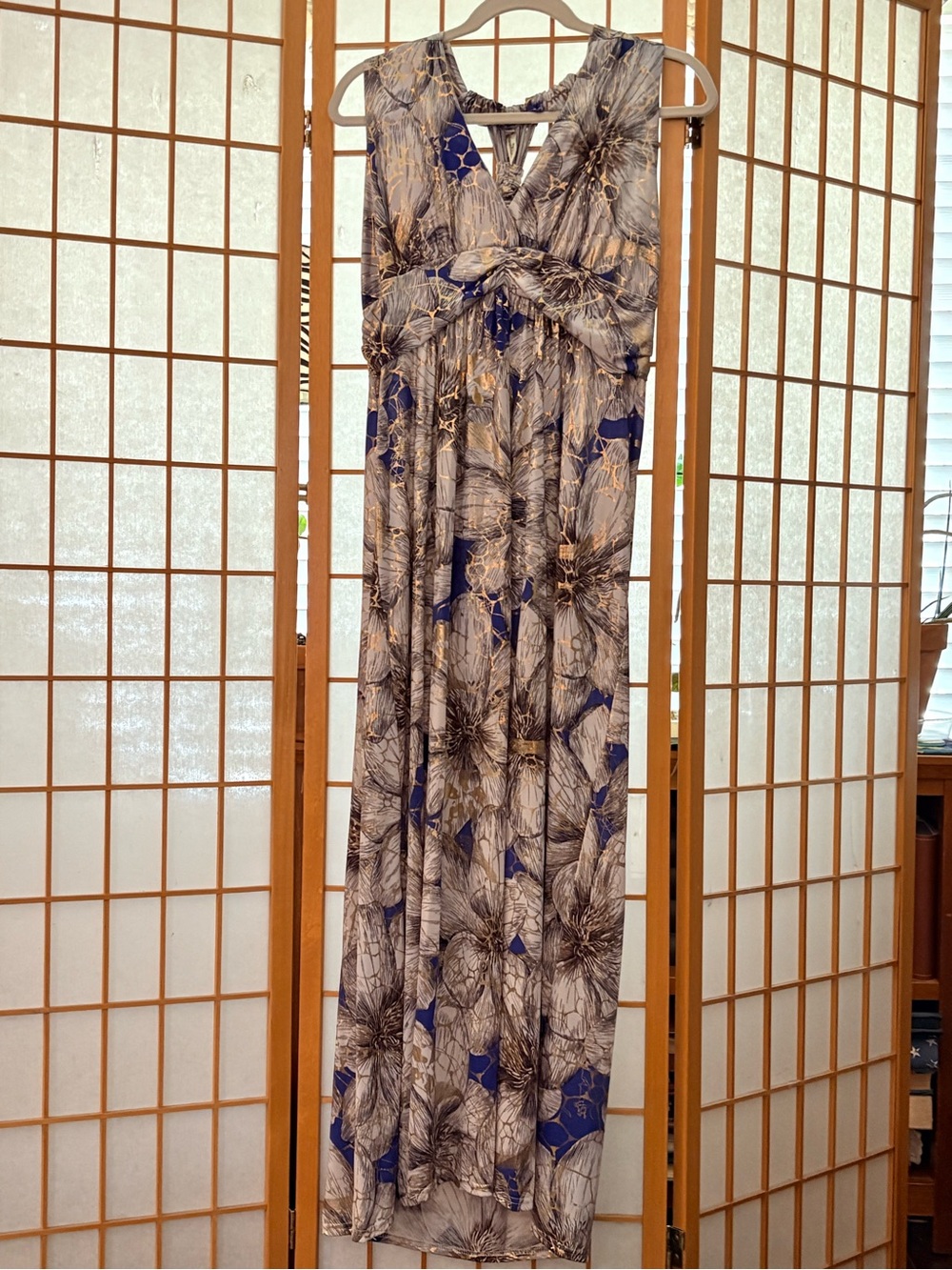 Shoreline Floral Halter  Maxi Dress in Blue Cream & Gold XL